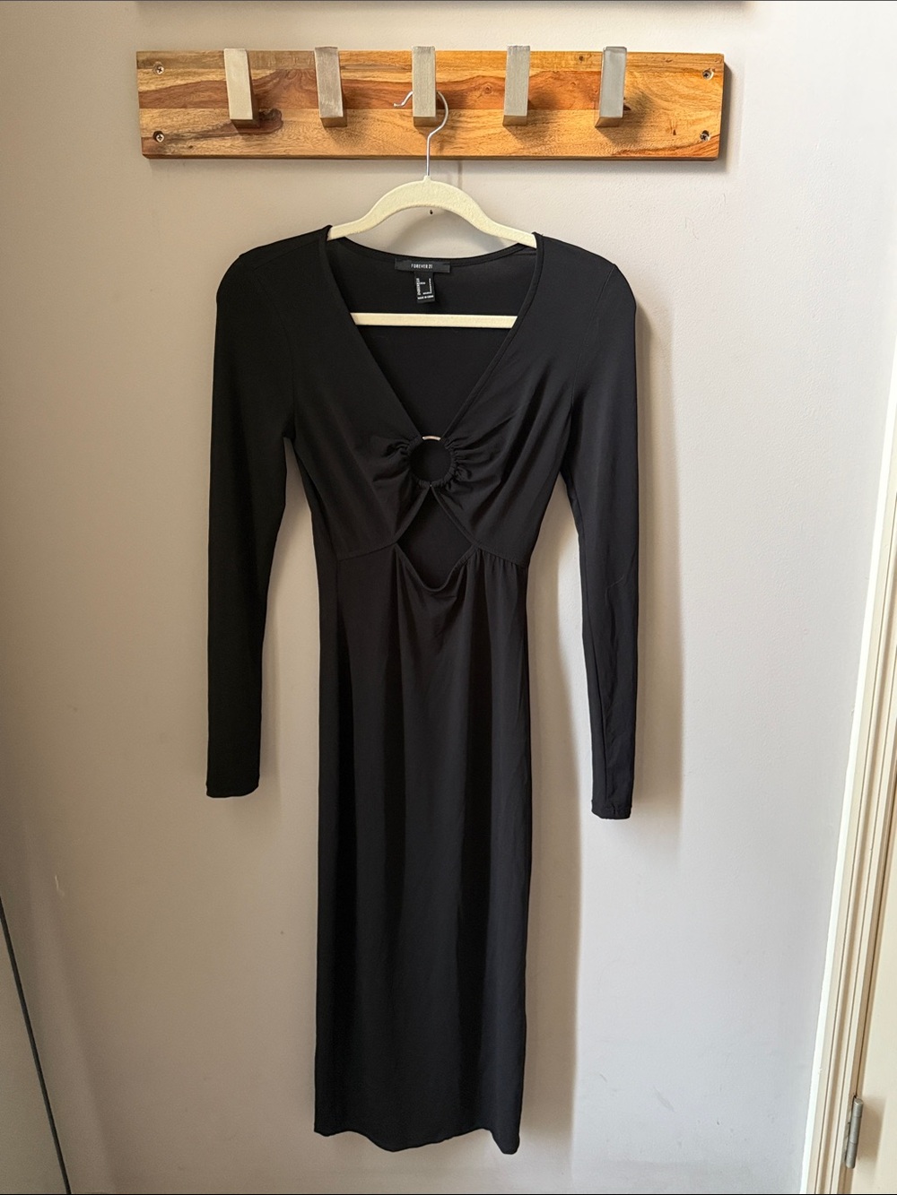 Forever 21 - Black Long Sleeve Midi Dress with Front Ring Detail